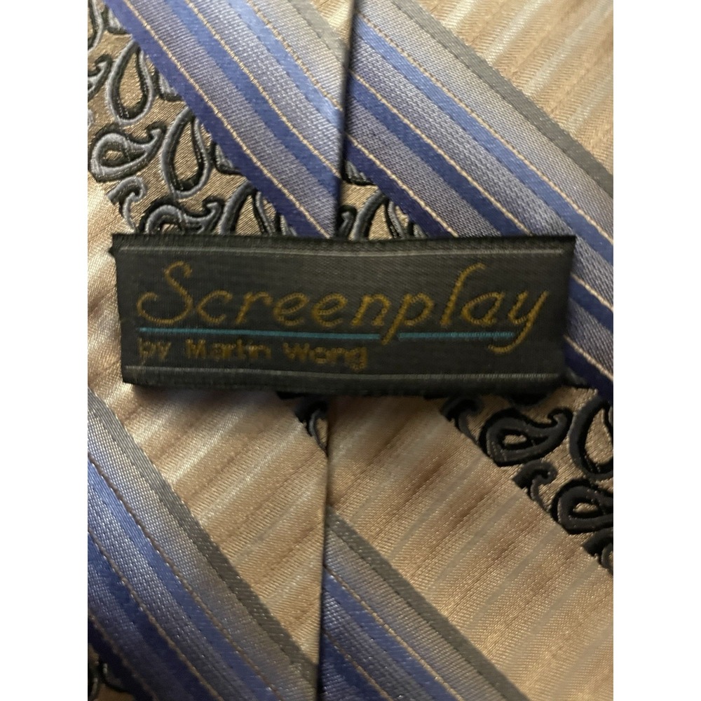 Screenplay Martin Wong Neckwear Tie Blue Gold Contrasting Stripe 100% Silk JBHS - Picture 6 of 6